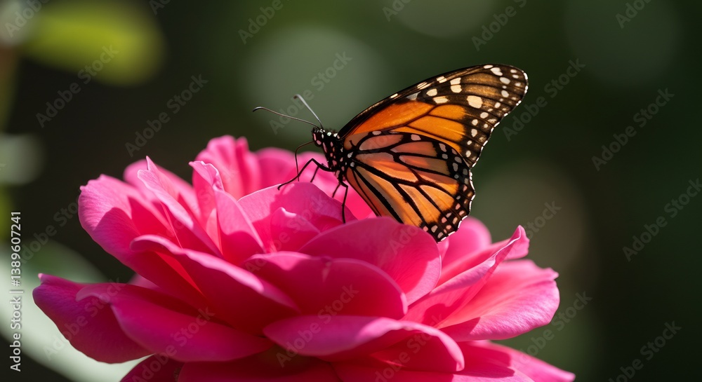 Fototapeta premium Vibrant butterfly gently rests on pink rose petal. AI Generated