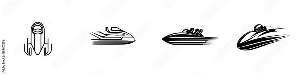 Collection of vector minimalist line icons representing various types of speedboats and watercraft in sleek designs Collection of vector minimalist line icons representing various types of speedboats and watercraft in sleek designs