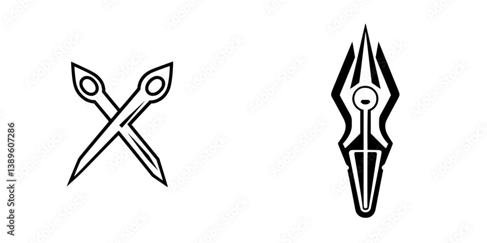 Collection of minimalist line icons representing scissors and a fountain pen for design and illustration projects Collection of minimalist line icons representing scissors and a fountain pen for design and illustration projects