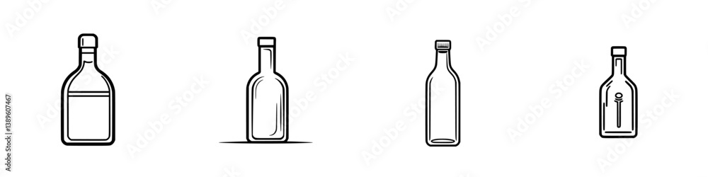 Set of minimalist line icons featuring various bottle designs suitable for diverse applications in graphic design and branding projects Set of minimalist line icons featuring various bottle designs suitable for diverse applications in graphic design and branding projects