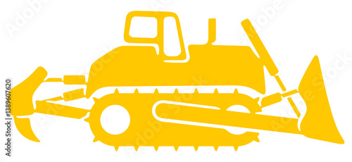 Bulldozer, dozer, tracked vehicle with large front blade. Pushing soil, construction, mining, and land clearing, illustration