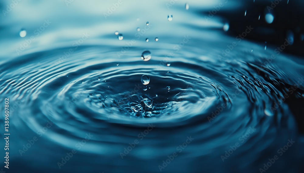 Detailed Macro of a Water Droplet Impacting Blue Water Surface Creating Circular Ripples and Splashes Emphasizing Purity Freshness and Liquid Dynamics Detailed Macro of a Water Droplet Impacting Blue Water Surface Creating Circular Ripples and Splashes Emphasizing Purity Freshness and Liquid Dynamics