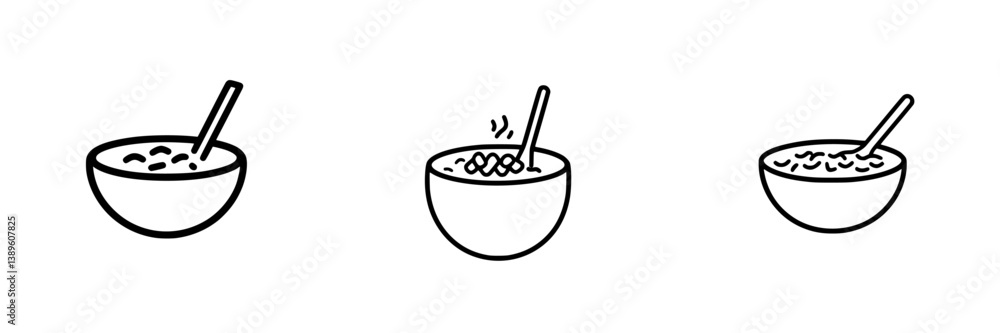 Minimalist line icons collection featuring bowls filled with different types of food and a spoon Minimalist line icons collection featuring bowls filled with different types of food and a spoon