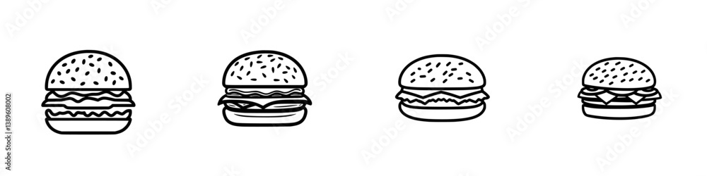 Collection of minimalist vector line icons representing different hamburger styles with varying toppings and sizes