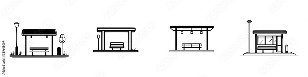 Minimalist vector line icons showcasing various bus stop designs with benches and streetlights in a clear layout Minimalist vector line icons showcasing various bus stop designs with benches and streetlights in a clear layout