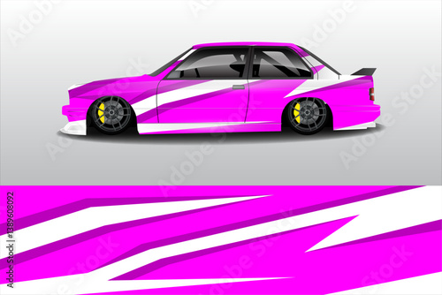 A vibrant pink and white modified car showcased in a sleek design against a minimalist background
