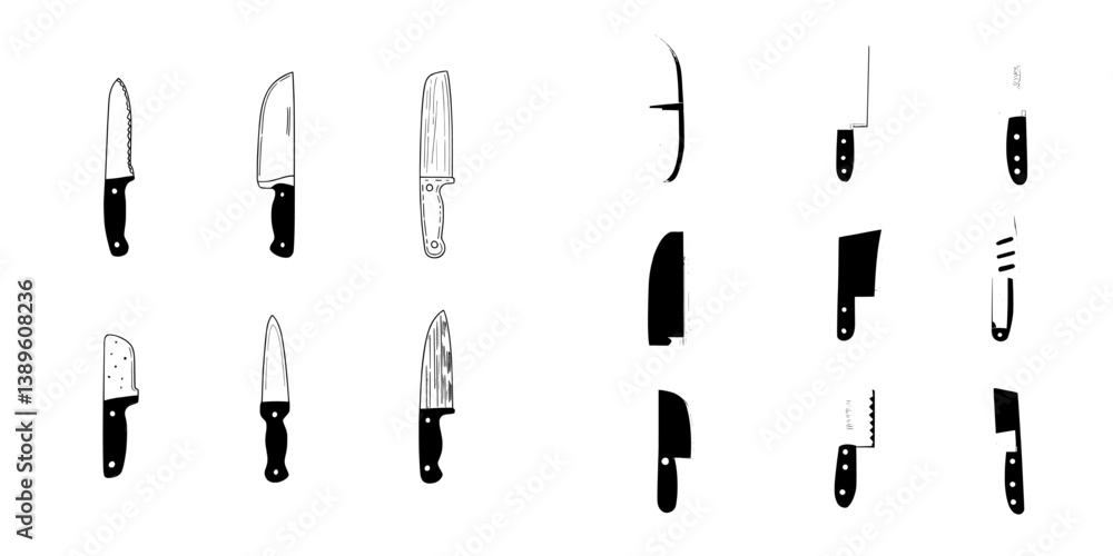 Isolated on a white background, an illustration of a chef cook drawing showcases a set of cartoon kitchen knives, including butcher knives and modern tools Isolated on a white background, an illustration of a chef cook drawing showcases a set of cartoon kitchen knives, including butcher knives and modern tools