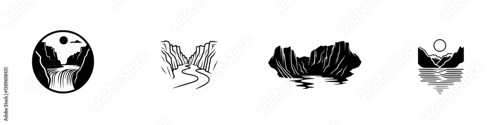 Minimalist line icons featuring natural landscapes with water, mountains, and sun elements designed for modern graphic use Minimalist line icons featuring natural landscapes with water, mountains, and sun elements designed for modern graphic use