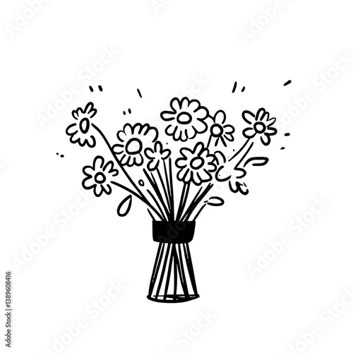 Line art illustration of a simple flower bouquet in a vase, featuring stylized daisy-like flowers with round petals and tiny leaves. Various small details add charm and character