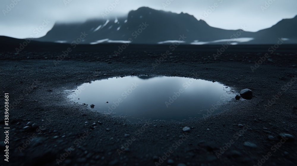 Fototapeta premium Tranquil puddle reflecting misty mountains