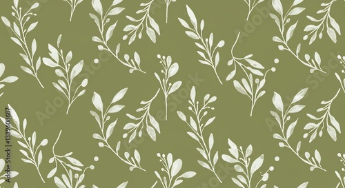 Elegant Olive Green Botanical Pattern. AI Generated
