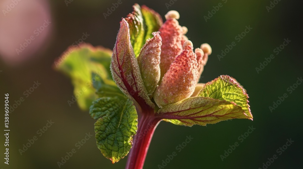 Macro shot of vibrant flower bud with dew drops and green leaves Macro shot of vibrant flower bud with dew drops and green leaves