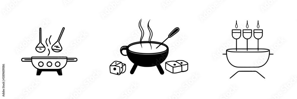 Set of vector minimalist line icons depicting cooking tools and kitchen activities for culinary design projects