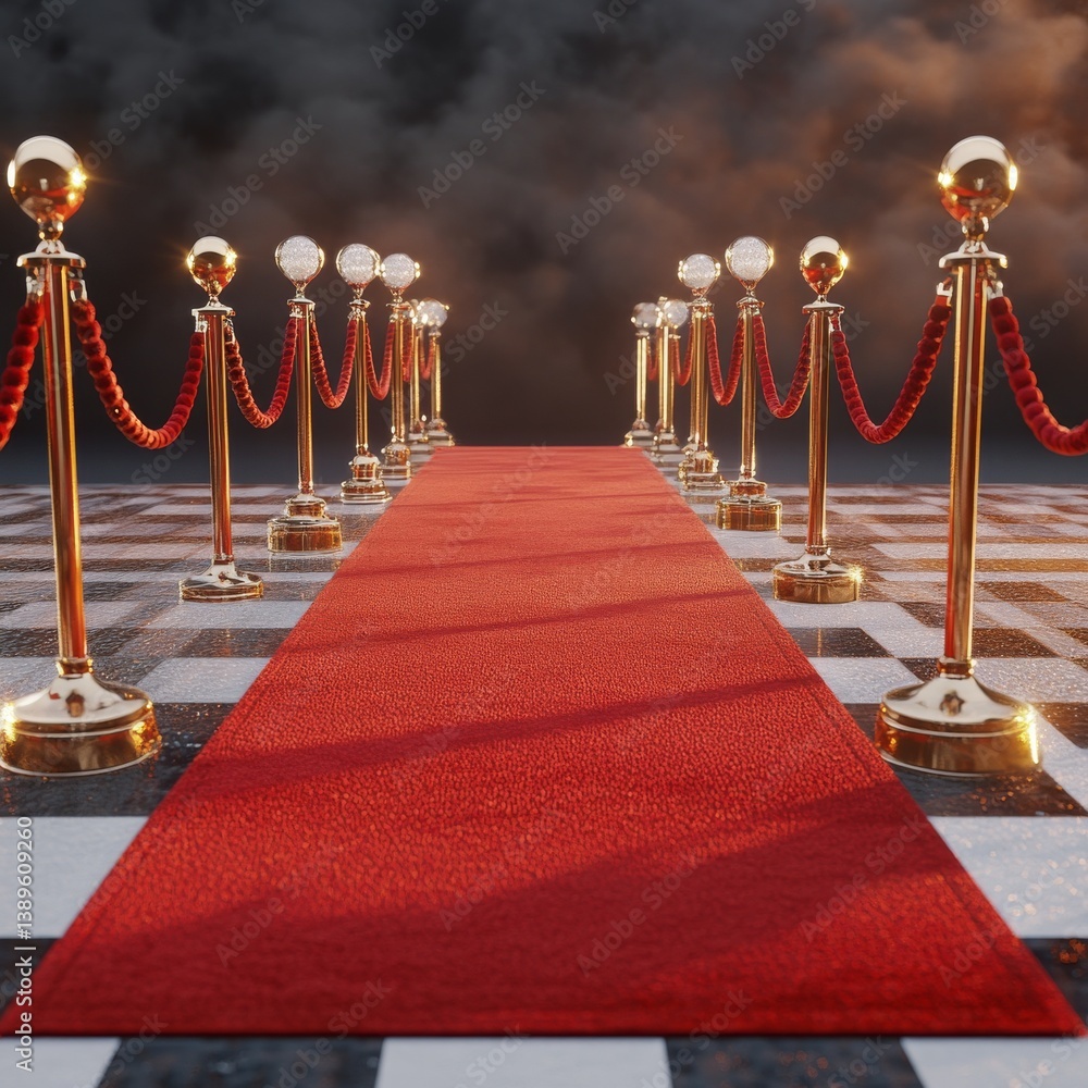 Walk of Fame: Red Carpet Event with Dramatic Sky and a Checkered Ground Symbolizing Duality.