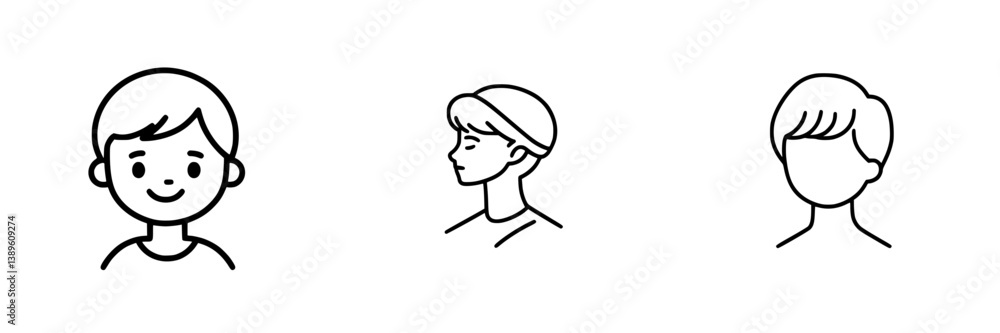 Collection of minimalist line icons depicting various hairstyles and expressions for design projects Collection of minimalist line icons depicting various hairstyles and expressions for design projects