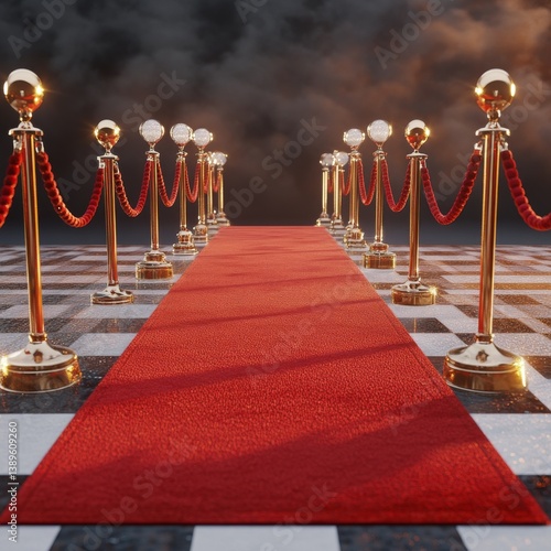 Obraz na płótnie Walk of Fame: Red Carpet Event with Dramatic Sky and a Checkered Ground Symbolizing Duality. w salonie
