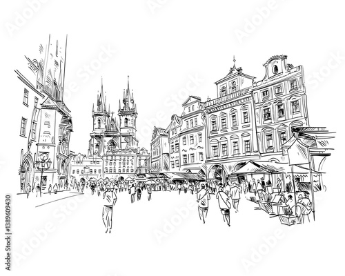 Prague city hand drawn sketch. European city, vector illustration