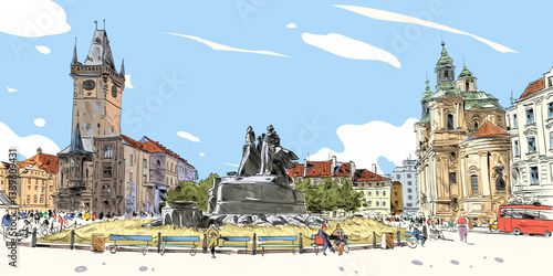 Prague city hand drawn sketch. European city, vector illustration