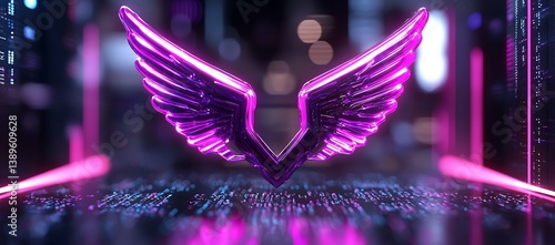 A detailed illustration of radiant neon angel wings is presented