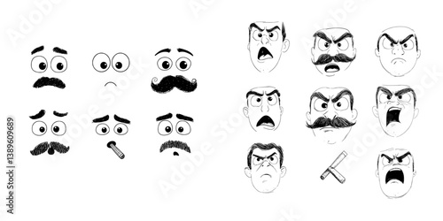 Isolated face expressions are showcased through modern icons, featuring a cartoon emoji with a monocle and mustache, smoking a cigar, and exhibiting a range of emotions from sadness to happiness