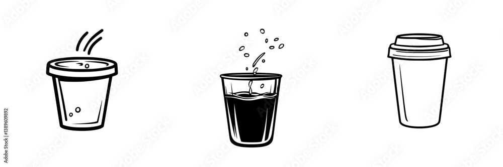 Collection of minimalist line icons representing beverage containers and cups suitable for various design projects