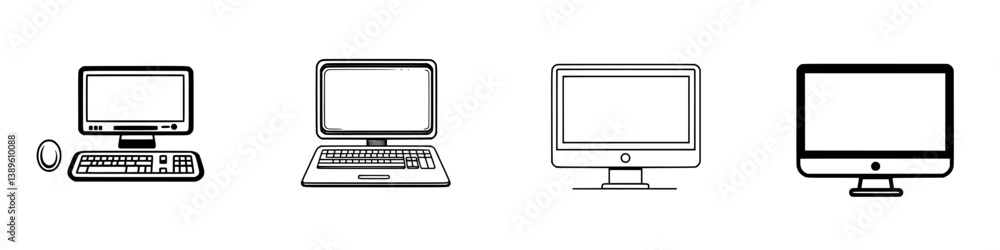 Collection of minimalist line icons representing various computer and desktop setups for modern digital environments Collection of minimalist line icons representing various computer and desktop setups for modern digital environments