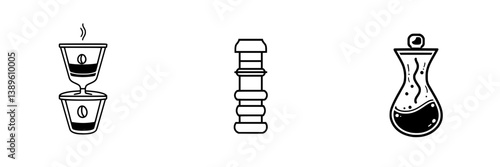 Collection of minimalist line icons representing diverse activities related to science, research, and coffee brewing
