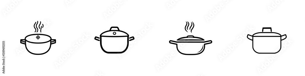 Collection of vector minimalist line icons depicting various cooking pots in a simple design style Collection of vector minimalist line icons depicting various cooking pots in a simple design style