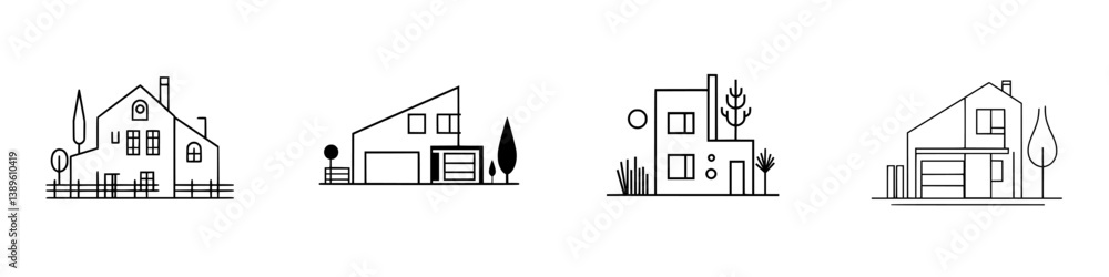 Minimalist line icons of diverse house designs ideal for modern architectural concepts and residential projects Minimalist line icons of diverse house designs ideal for modern architectural concepts and residential projects