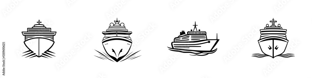 Collection of minimalist vector line icons depicting various cruise ship designs in different perspectives Collection of minimalist vector line icons depicting various cruise ship designs in different perspectives