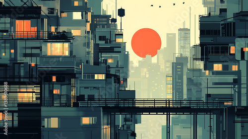 Dense city at sunset, pixel art style.