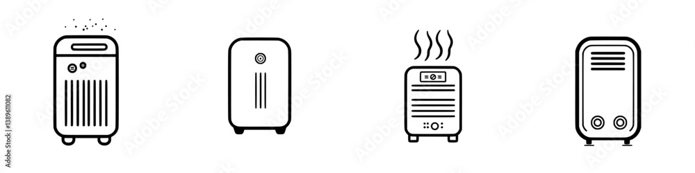 Collection of minimalist vector line icons representing different types of heaters for home and office use Collection of minimalist vector line icons representing different types of heaters for home and office use