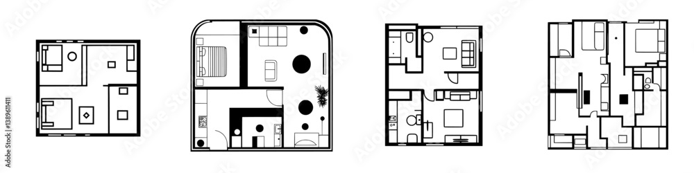 Minimalist vector line icons showcasing diverse home layouts for interior design and architecture projects Minimalist vector line icons showcasing diverse home layouts for interior design and architecture projects