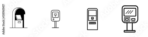 Collection of minimalist line icons featuring kiosks and vending machines in a simple, modern style suitable for various applications
