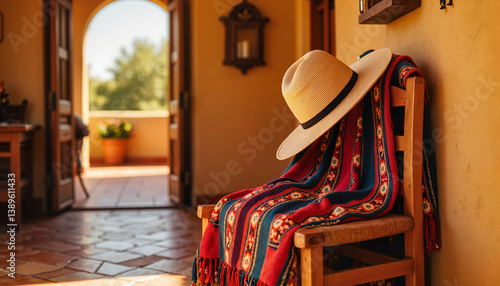 Sombrero on colorful blanket draped over chair in sunlit villa