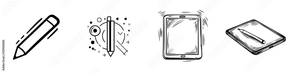 Collection of vector minimalist line icons featuring writing tools and digital devices designed for creative projects and modern communication Collection of vector minimalist line icons featuring writing tools and digital devices designed for creative projects and modern communication