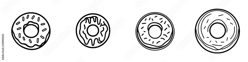 Collection of minimalist line icons representing various donut designs, showcasing simplicity and creativity in digital illustration Collection of minimalist line icons representing various donut designs, showcasing simplicity and creativity in digital illustration