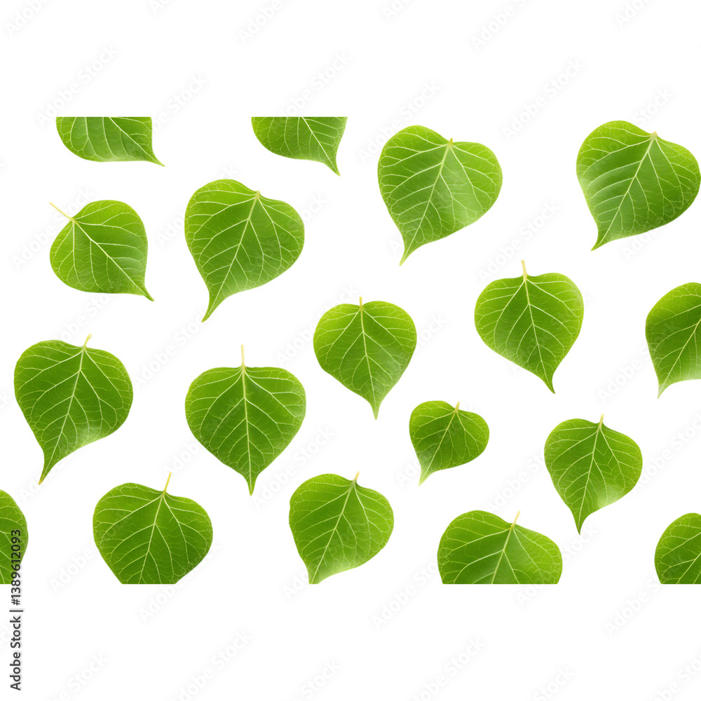 Obraz premium Cascade of vibrant green heart-shaped leaves tumbling mid-air isolated on transparent background