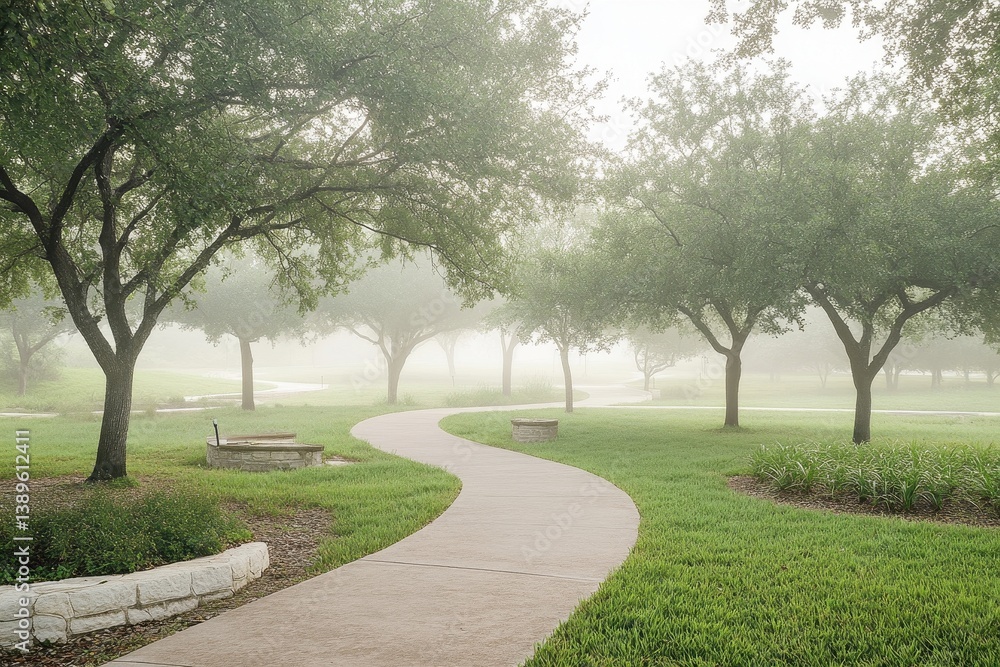 Foggy Park Path Surrounded by Green Trees and Plants Featuring a Serene Gravel Walkway in a Tranquil Morning Landscape with Soft Daylight Foggy Park Path Surrounded by Green Trees and Plants Featuring a Serene Gravel Walkway in a Tranquil Morning Landscape with Soft Daylight