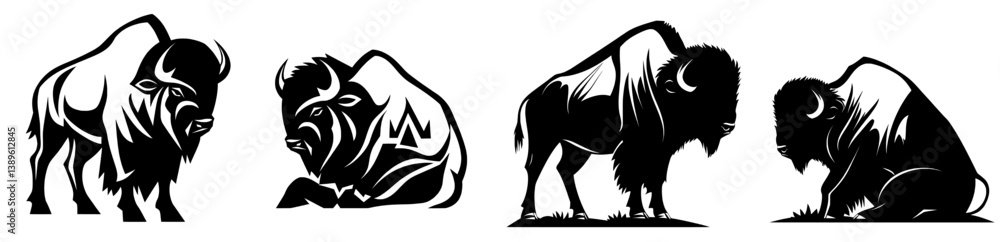 A hand-drawn modern illustration featuring the silhouette of an American Bison or buffalo A hand-drawn modern illustration featuring the silhouette of an American Bison or buffalo