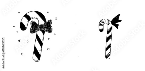 Christmas sweets including peppermint striped candy canes are represented as a line icon of isolated modern candycane sticks