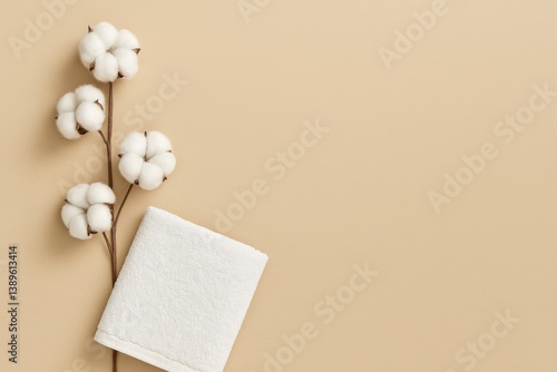 Soft White Towel Beside Cotton Branch on Beige Background for Relaxation and ...