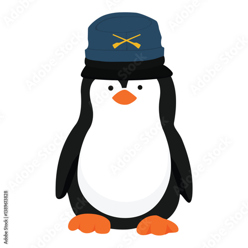 Vector icon little penguin. Penguin cartoon character in army military hat, kepi