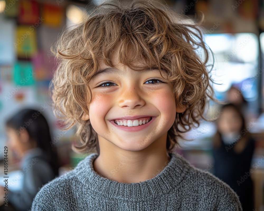 A young child with curly hair is smiling and showing his teeth A young child with curly hair is smiling and showing his teeth