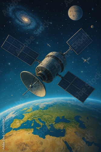 Satellite Orbiting Earth With Planets and Galaxies in the Background at Night