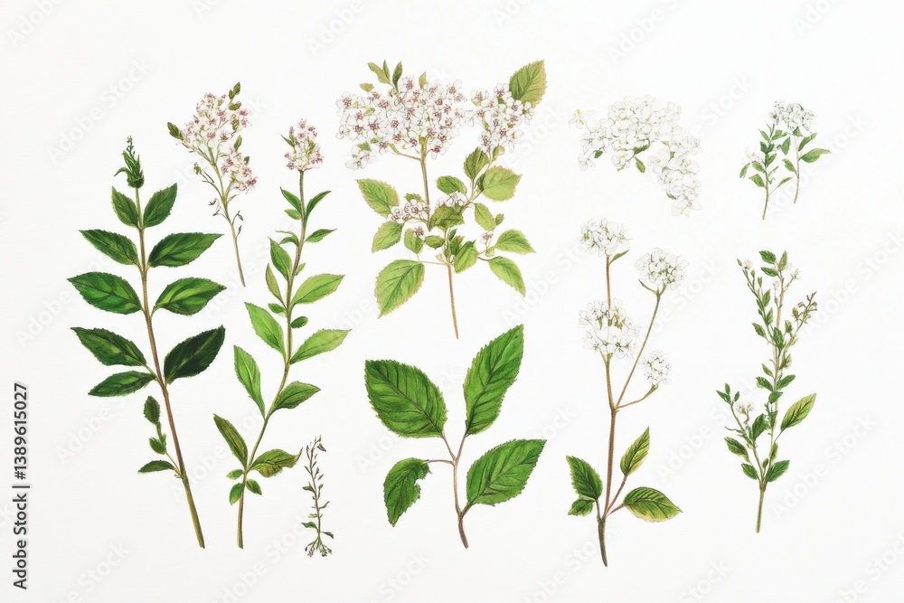 Fototapeta premium Detailed illustration showcasing various parts of Spiraea plant on a clean background