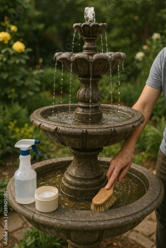 Cleaning a Decorative Fountain in a Garden During the Day With Tools Nearby