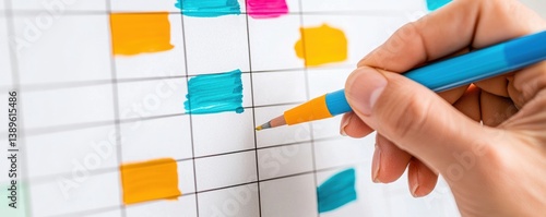 A person is using a colored pen to mark a planner or calendar filled with colorful squares.