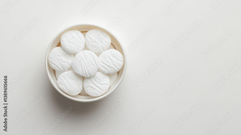 Round white lozenges in a container on white background Round white lozenges in a container on white background
