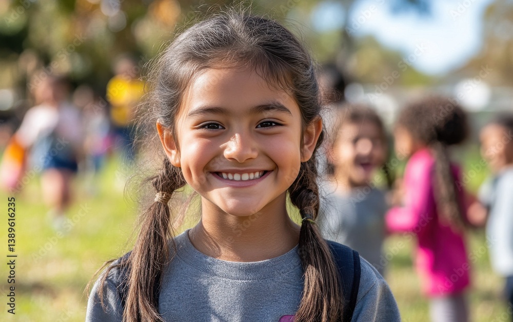 elementary school student, blurred grassy field background with classmates playing tag elementary school student, blurred grassy field background with classmates playing tag